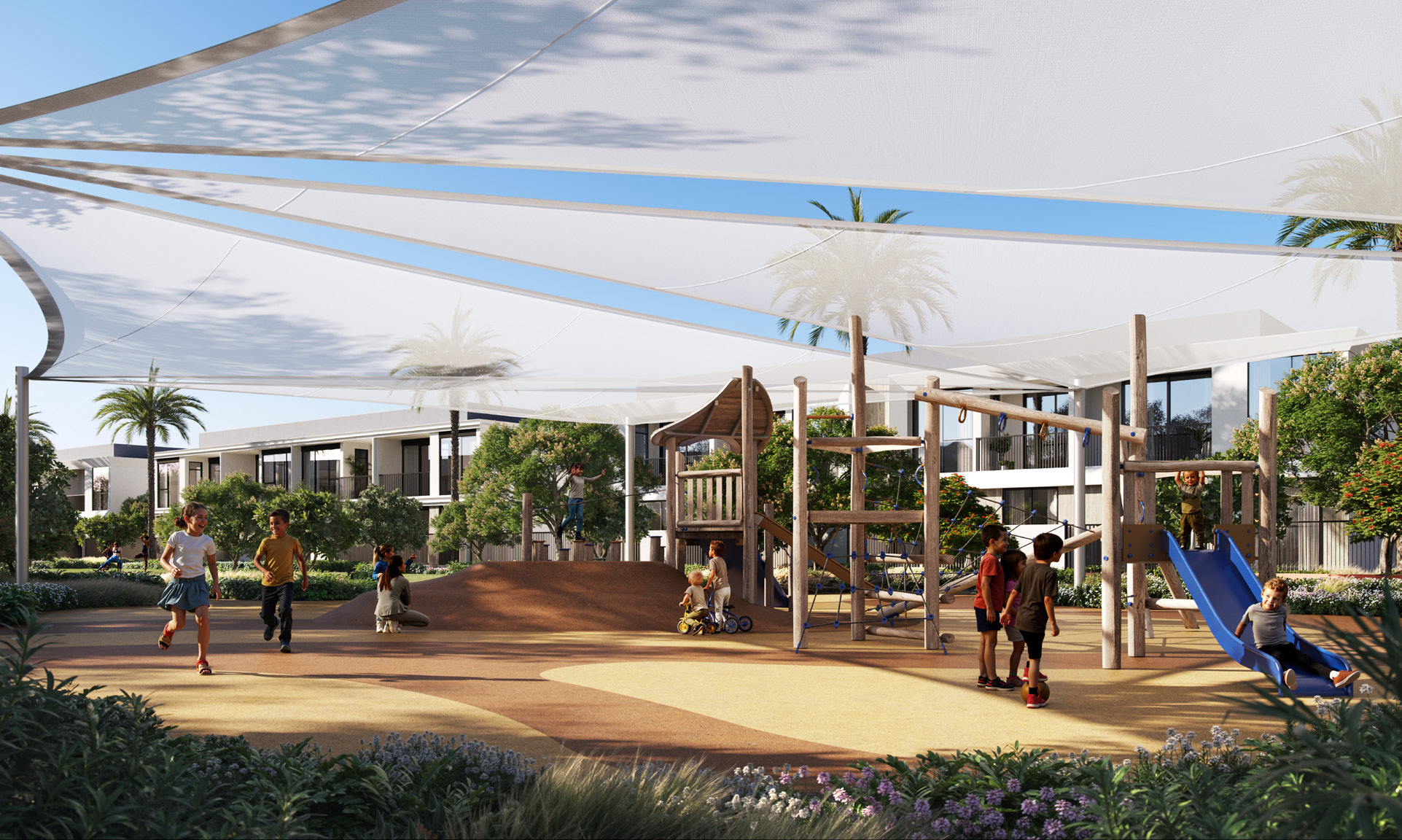 A modern adventure playground with wooden climbing structures and shaded play areas at Greenspoint, Emaar South.3 & 4 Bedroom Townhouses at Greenspoint, Emaar South