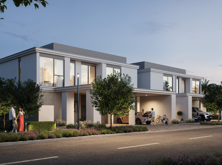 Stylish modern townhouses with large glass windows, private gardens, and a peaceful community setting at Greenspoint, Emaar South.3 & 4 Bedroom Townhouses at Greenspoint, Emaar South