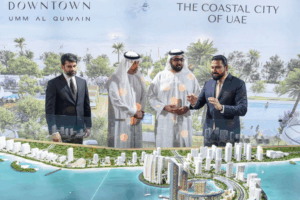 Crown Prince of Umm Al Quwain (second from right) and Sobha Realty’s leadership unveil the Downtown UAQ scale model at the launch event, highlighting the development’s extensive coastline and modern master plan.