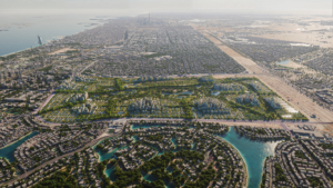 Aerial view of Jebel Ali Racecourse redevelopment masterplan in Dubai, designed by Bjarke Ingels Group for A.R.M. Holding