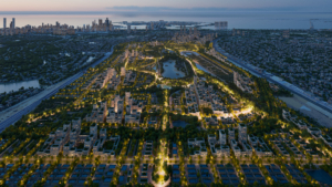 Aerial view of Jebel Ali Racecourse redevelopment masterplan in Dubai, designed by Bjarke Ingels Group for A.R.M. Holding