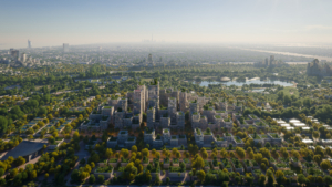 Aerial view of Jebel Ali Racecourse redevelopment masterplan in Dubai, designed by Bjarke Ingels Group for A.R.M. Holding
